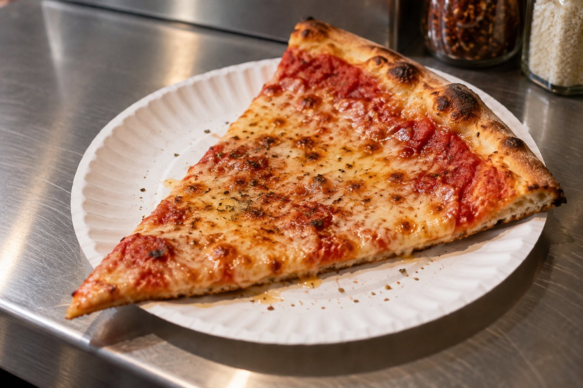 A New York style cheese slice on a paper plate